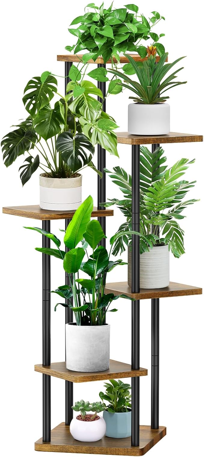 6 Tier Wood Tall Plant Stand Metal Rack Indoor, Multiple Flower Pot Holder Shelves Corner Rack, Planter Shelf Display Rack Storage Organizer for Patio Living Room Balcony Garden(Black) YOCOMEY