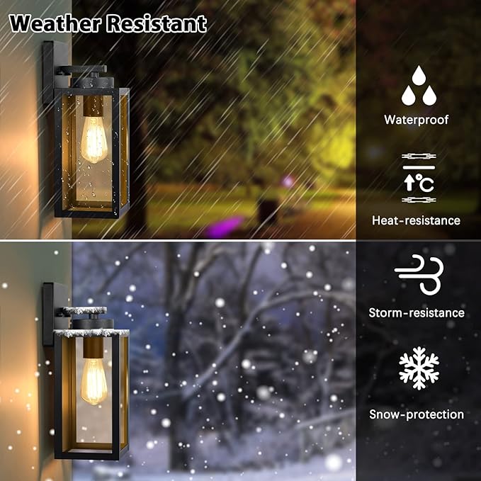 Outdoor Wall Light Fixtures, Exterior Waterproof Wall Lanterns, Porch Sconces Lighting with E26 Sockets & Glass Shades, Modern Matte Black Outside Lights for Patio Front Door Entryway Garage, 2-Pack BringYouBrightFuture
