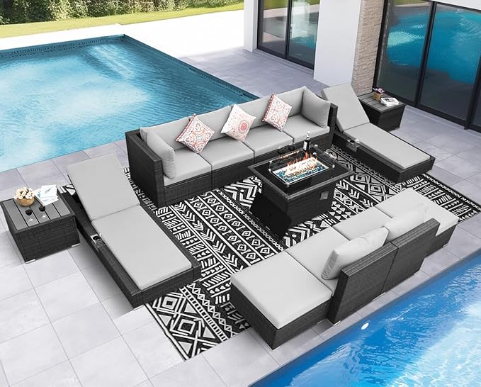 NICESOUL 13 Piece Outdoor Furniture with Fire Pit, Gray Wicker Patio Sectional with Fire Pit & Chaise Lounge, Modular 29.3" Highback Large Size Sectional Sofa for Outside Pool Backyard NICESOUL