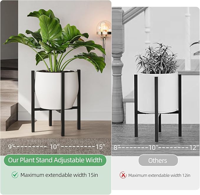 Adjustable Metal Plant Stand Indoor, Mid Century Modern Outdoor Planter Holder for 9 to 15 Inch Pots, Heavy Duty 160 LB Load, Corner Floor Stand for Home Garden Decor Black with Round Plate HomecourtyardsInterio