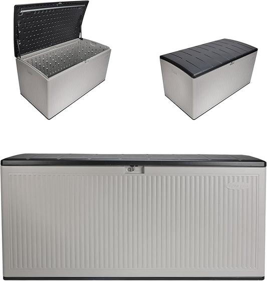 Suncast 160-Gal. Resin Extra-Large Outdoor Patio Deck Box with Pad-Lockable Lid, Modern Reeded Outdoor Patio Bench/Storage Box for Cushions, Garden Tools, and More, Iron Ore/French Gray Suncast