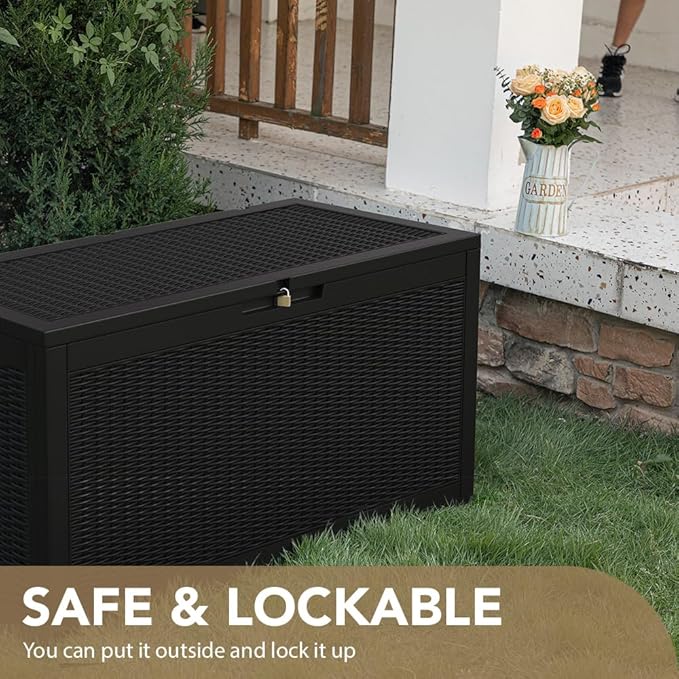 Devoko 95 Gallon Deck Box Large Resin Outdoor Storage Box, Waterproof and UV Resistant Lockable for Outdoor and Patio, Large Storage Cabinet for Patio Furniture, Garden Tools and Pool Supplies, Black DEVOKO
