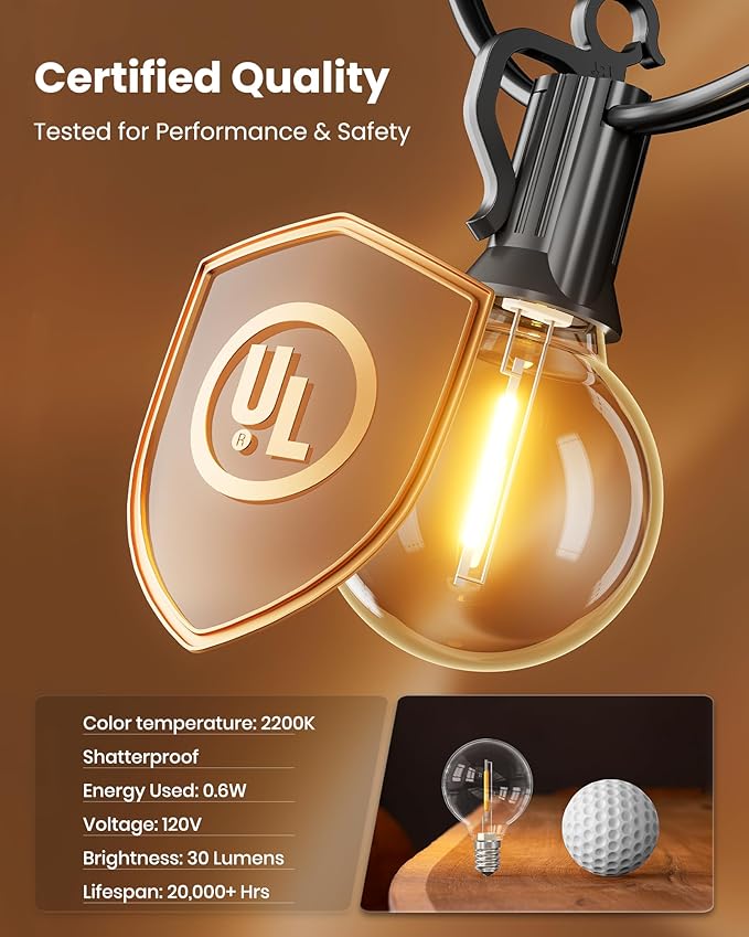 Brightown Outdoor String Lights 29 Feet G40 LED Patio Lights, Plug-in, 13 Plastic Edison Bulbs(1 Spare), Waterproof Connectable Hanging Light for Backyard Porch Balcony Party Decor, E12 Base, Black Brightown