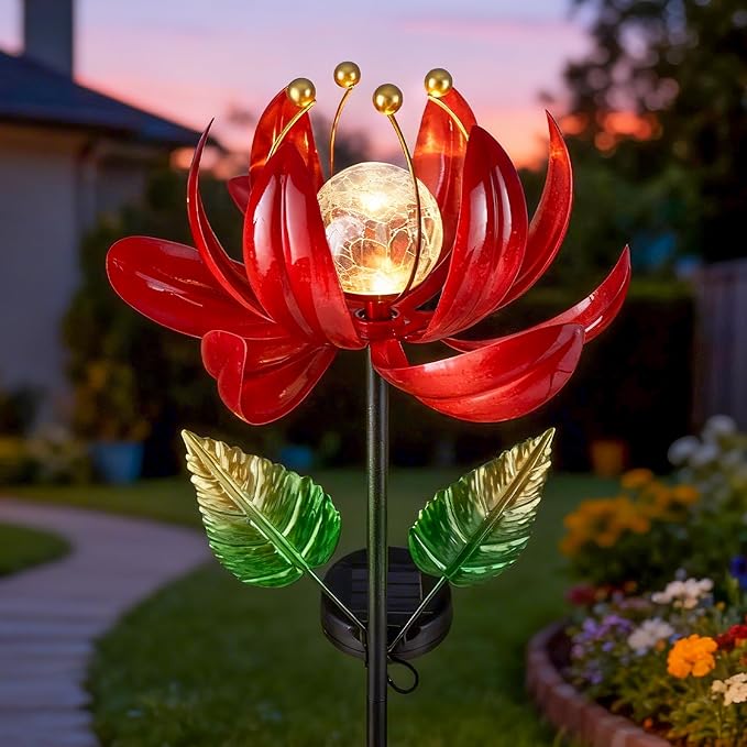 Solar Lights Outdoor Garden Decor, Solar Wind Spinner Yard Decorations Gifts for Outside, Lotus Windmill Pathway with LED Cracked Crystal Ball Waterproof Flower Sculpture for Patio Lawn AIINY