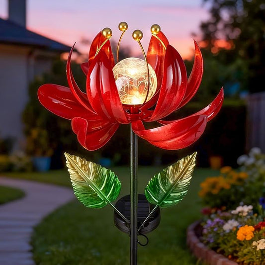 Solar Lights Outdoor Garden Decor, Solar Wind Spinner Yard Decorations Gifts for Outside, Lotus Windmill Pathway with LED Cracked Crystal Ball Waterproof Flower Sculpture for Patio Lawn AIINY
