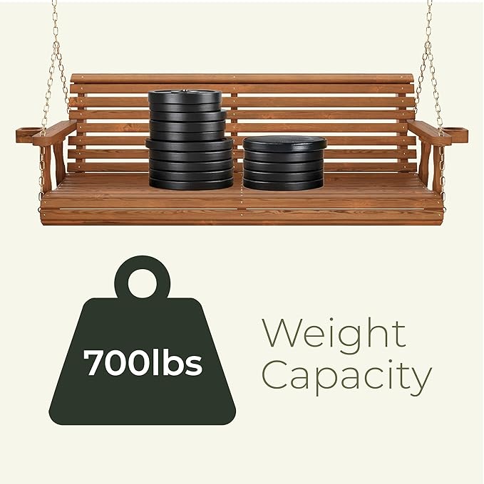 Amish Casual 5 Foot Roll Back Heavy Duty Wooden Porch Swing with Cup Holders in Cedar Stain - Amish Made in The USA from Treated Pine, Outdoor Hanging Bench Swing with 700 Lb. Weight Capacity AmishCasual