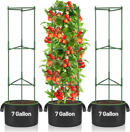 ANPHSIN 3 Sets Tomato Cages with 7 gal Grow Bags - 47'' Stable Plant Garden Planters, Flexible Vegetable Trellis for Balcony Deck Yard Tomatoes Peppers Eggplants Flowers ANPHSIN