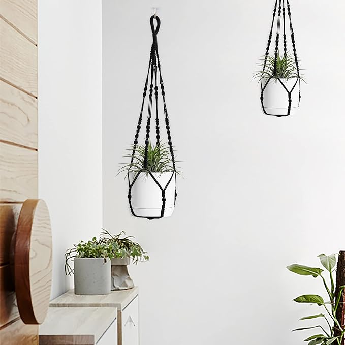 Macrame Plant Hanger Indoor Hanging with Wood Beads Macrame Planters No Tassel for Indoor Outdoor Boho Home Decor 35 Inch (Black,1pc) BlueMake