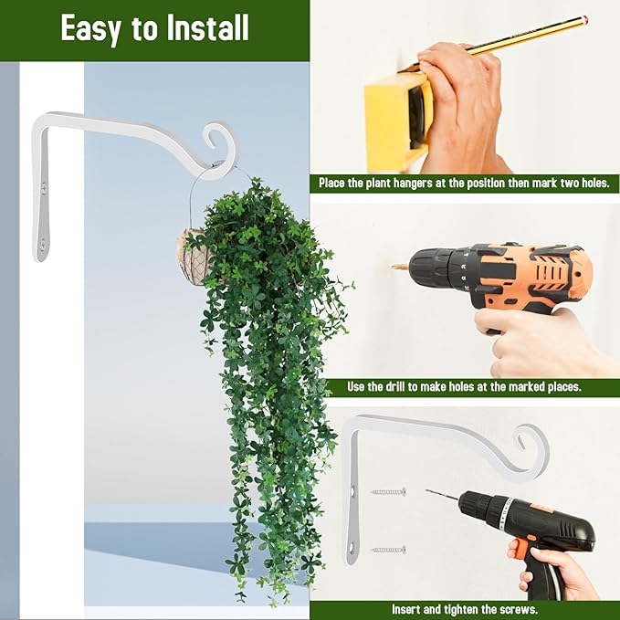 FEED GARDEN Hand-Forged Hanging Plant Bracket Iron Wall Hook for Hanging Plant,Bird Feeders, Wind Chimes, Flower Baskets, Lanterns, Yoga Mat, Indoor/Outdoor Use 6 Inch 2 Pack, White FEEDGARDEN