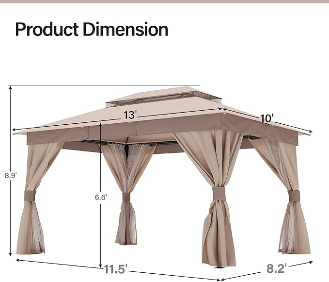 LAUSAINT HOME Semi-Permanent Outdoor Patio Gazebo 10'x13', Heavy Duty Party Tent Shelter with Double Roofs, Mosquito Nettings and Privacy Screens for Backyard, Garden, Lawn, Khaki LAUSAINTHOME