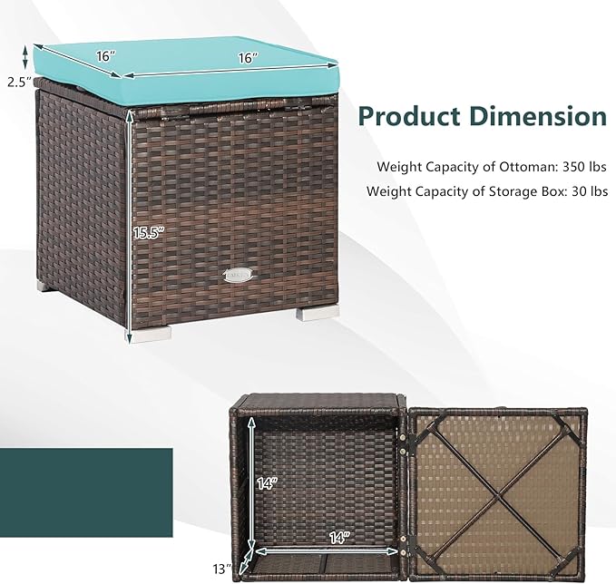 Tangkula 2 Pieces Patio Ottomans, Patiojoy Hand-Woven PE Rattan Side Table with Removable Cushion & Hidden Storage Space, Multifunctional Storage Box, Seat for Patio, Backyard, Poolside (Turquoise) TANGKULA