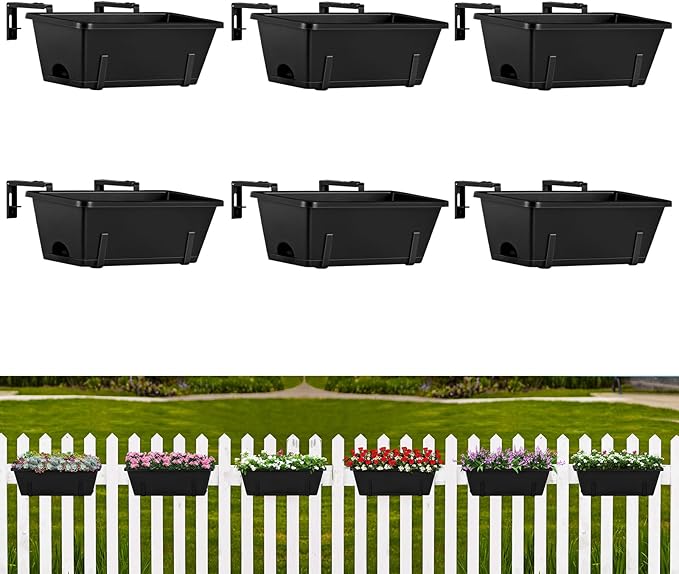 ETELI Railing Planter Hanging and Planter Box Brackets Set 6 Pack Adjustable Deck Window Boxes Planters with Drainage Holes for Garden Railing Fence, Black ETELI