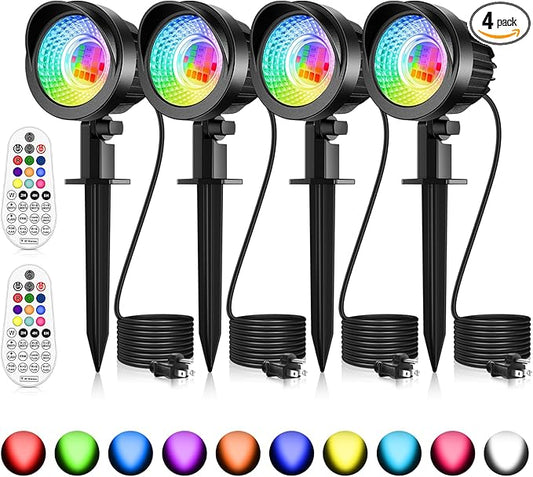 MEIKEE 15W RGB Color Changing Landscape Lighting 120V LED Landscape Lights with 4.9ft Cable IP66 Waterproof Outdoor Spot Lights for Garden Path Decoration (4 Pack) MEIKEE