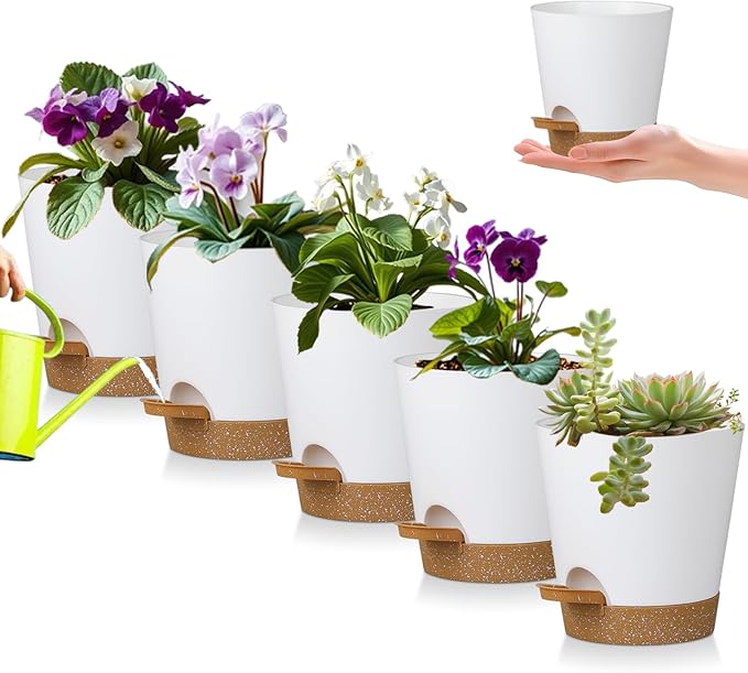 5 Pack 5 inch Self-Watering Pots, African Violets Planter with Drainage Holes and Reservoir, White Brown Plastic Planter for Indoor Outdoor Plants Flowers and Houseplants White Brown, 5 inch 5 pcs zople