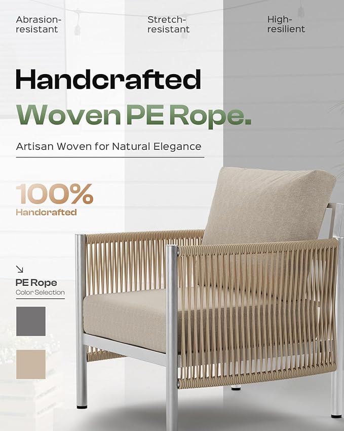 Aluminum Outdoor Patio Furniture Set with Dual-Layer Coffee Table, 4 Piece Modern Patio Conversation Sets with PE Rope, Outdoor Sectional Sofa with Thick Cushions for Balcony, Deck, Beige Oasbira
