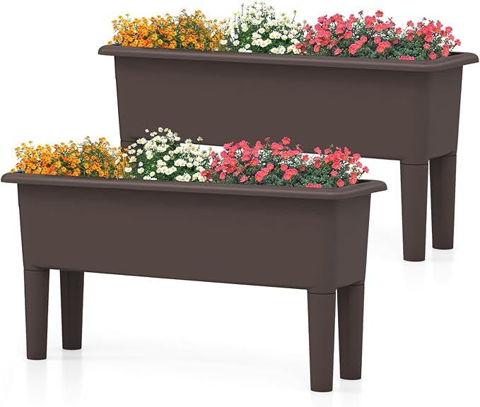 Giantex Raised Garden Beds Outdoor Set of 2, Self-Watering Planter Box with Detachable Legs & Drainage Hole, Outdoor Raised Container for Vegetable Fruit Herbs, 31.5”Lx12”Wx16”H, Easy Assembly (Brown) Giantex