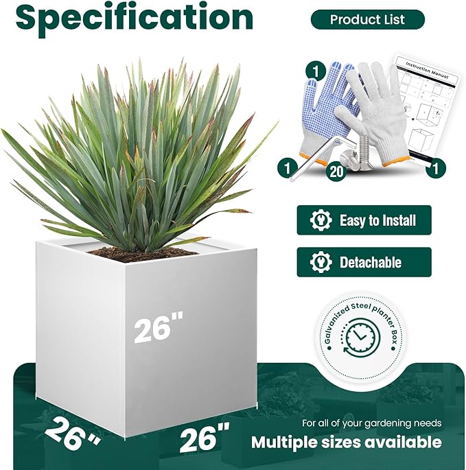 White Steel Planter Square Outdoor Planters Galvanized Steel Planter Box 26 Inch Indoor Metal Large Planters Cube Heavy Duty Flower Pot Modern Commercial Residential for Trees Patio Yard Garden GZGNEEVL