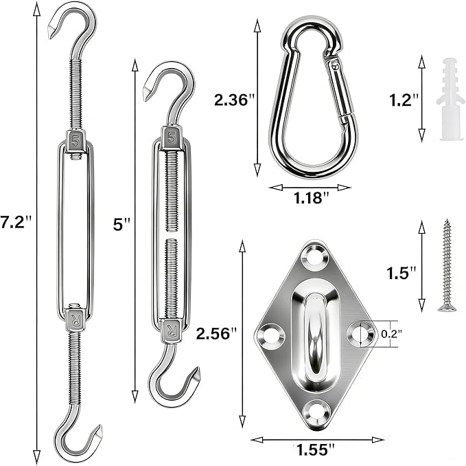 YOFIT 40 Pcs Shade Sail Hardware Kit, 5 Inch Outdoor Sun Sail Accessories, 304 Stainless Steel Turnbuckles & Brackets for Triangle/Rectangle Sails, Patio Canopy Installation Hardware Set Waterproof yofit