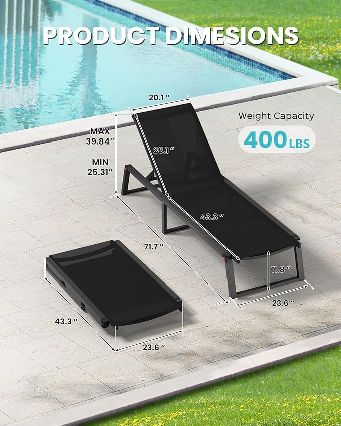 Aluminum Chaise Lounge Chair Outdoor, Foldable & Assembly Free Patio Pool Lounge Chairs 5-Position Recliner for Outside Poolside, Fully Grounded Legs Sun Lounger for Beach, Yard, Black Oasbira