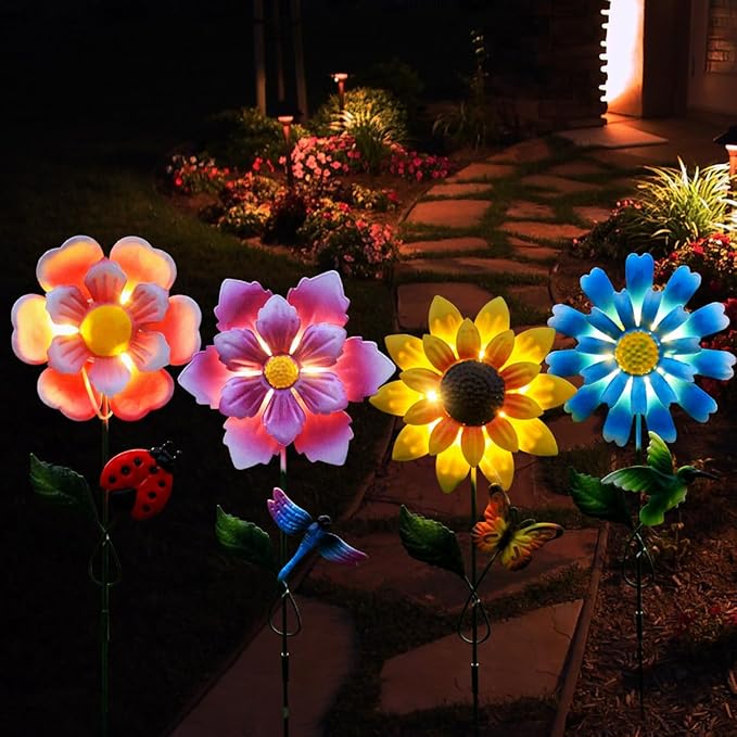 Solar Garden Stakes Lights for Outdoor Decor, 4 Pack Waterproof Metal Art Stick Flowers, Light for Outside Garden Patio Pathway Yard Backyard Porch Lawn SolarGardenDecorationLight