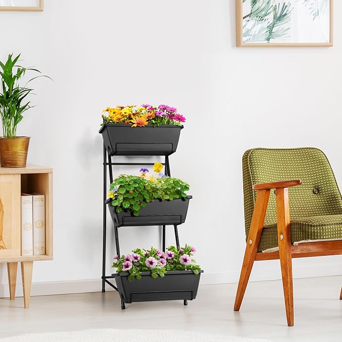 3 Tier Vertical Garden Planter Small Raised Garden Bed Freestanding Plastic Raised Planter Boxes Herb Planter Stand with Removable Tray for Indoor Outdoor Herbs Flowers Vegetables Plants Grey BTY