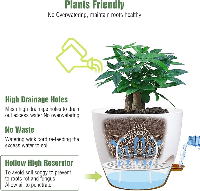 12 inch Large Self Watering Pots, Plastic Planters with 60oZ Removable Deep Reservoir and Multi Mesh Drainage Holes for Indoor Outdoor Garden Plants and Flowers, White with Brown UOUZ
