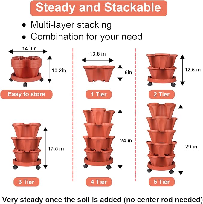 GameXcel Vertical Planter 5 Tier Stackable Planters Garden Planters Strawberry Herb Flower and Vegetable Planter Indoor Outdoor Gardening Pots with Removable Wheels and Tools GameXcel