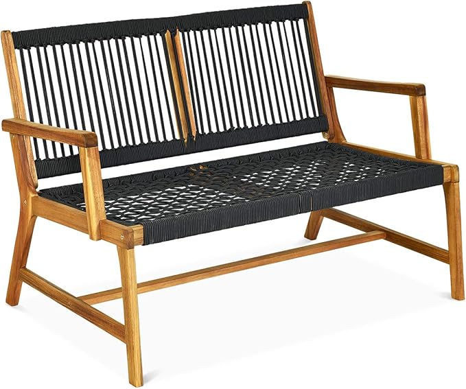 Tangkula 2-Person Patio Acacia Wood Bench Loveseat Chair, Outdoor Patio Bench Acacia Wood Bench in Teak Oil Finish, Patio Loveseat Rope Bench for Balcony Deck Poolside Porch (Black) TANGKULA