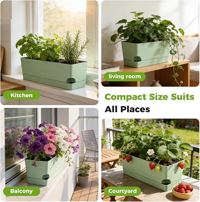 4 Pack Self Watering Pots for Indoor Plants 17 Inches Window Boxes Planters Rectangular Flower Pots Rectangle Herb Pots Large Plant Pots with Drainage Holes and Saucers Windowsill Planter, Green KvyusFlourish