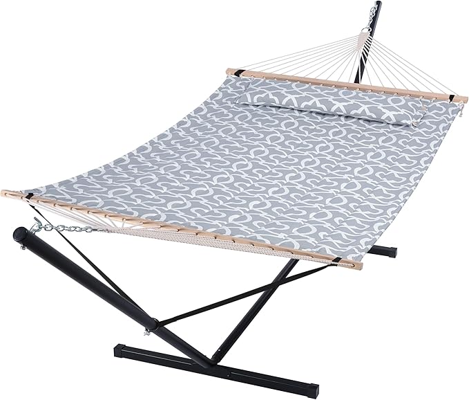 SUNCREAT 55 Inch Extra Large Double Hammock with Stand, 475lbs Capacity, Outdoor Portable Hammock with Hardwood Spreader Bar, Extra Large Pillow, Grey SUNCREAT