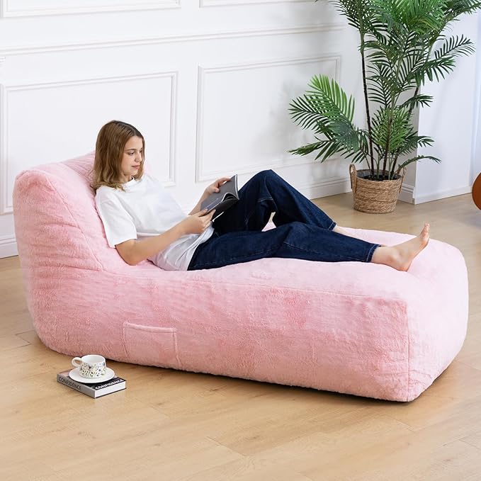 Giant Bean Bag Lounger Chair for Adults with Soft & Cozy Plush Fabric,Memory Foam Filled Beanbag Chair for Family Living Room,Bedroom and Game Room (Pink) Rootora