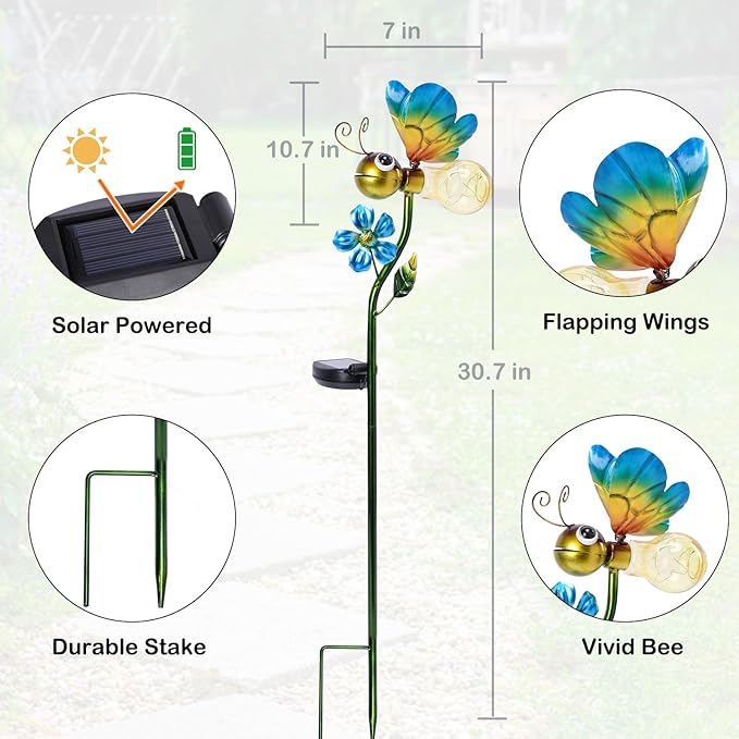 Decorative Solar Lights Outdoor Solar Bee Stake Lights Metal Decorative Garden Lights Outdoor Waterproof Stakes for Pathway Yard Lawn Decoration Mothers Day Mom Gifts Afirst