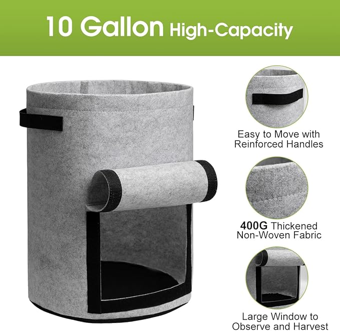 Potato Grow Bags with Flap 10 Gallon, 4 Pack Planter Pot with Handles and Harvest Window for Potato Tomato and Vegetables, Black and Gray Homyhoo