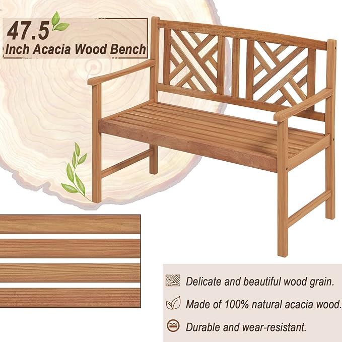 Giantex Outdoor Wooden Garden Bench - 2-Person Acacia Wood Loveseat with Armrests, Backrest, 800lbs Capacity, Patio Park Bench for Backyard, Front Porch Bench (Non-Foldable) Giantex
