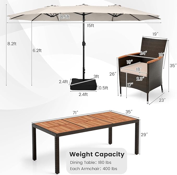 Tangkula 11 Pieces Rattan Outdoor Dining Set with 15Ft Solar Patio Umbrella for 8, Outdoor Wicker Table Set with 8 Cushioned Chairs, Acacia Wood Top, Outdoor Umbrella with Base Included TANGKULA