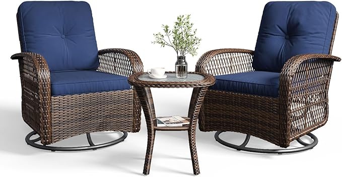 Aoxun 3 Pieces Patio Furniture Set, Patio Swivel Rocker Chairs Set of 2, Wicker Outdoor Bistro Set with Rocking Chair, Thickened Cushions and Table for Porch (Blue) Aoxun