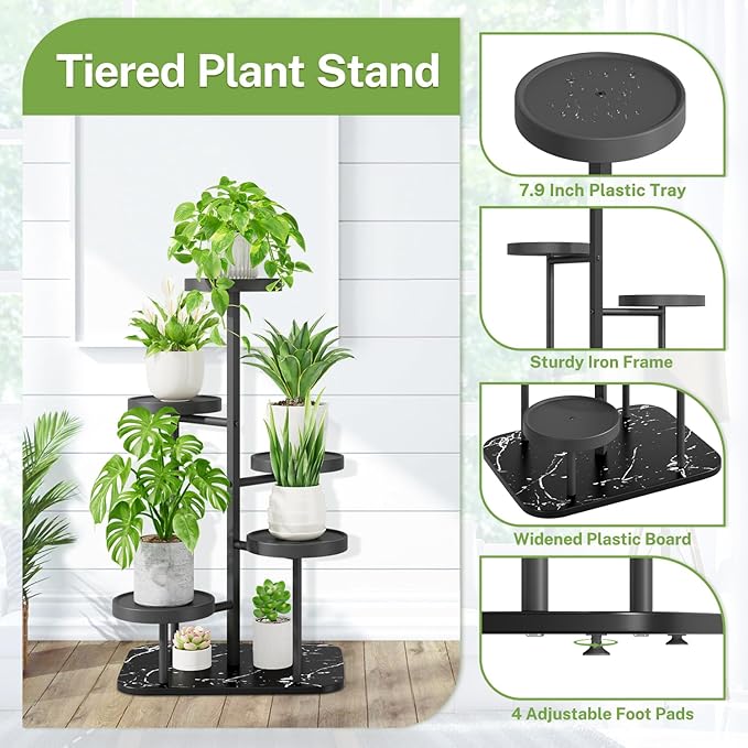 iDavosic.ly 5 Tier Plant Stand Indoor Outdoor, Tiered Corner Plant Stands for Multiple Plants, Metal Plastic Tall Plant Display Holder Flower Shelf for Patio Living Room Garden Balcony Bedroom, Black iDavosicly