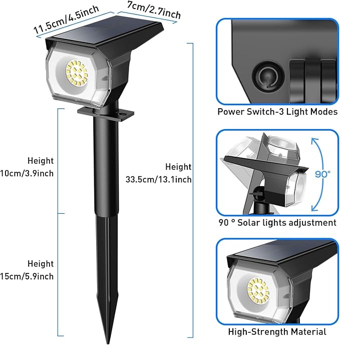 EIUIO Solar Outdoor Lights, 3 Lighting Modes Solar Spot Lights Outdoor with Auto On/Off, Waterproof Landscape Lighting for Garden Yard Lightupyourlife