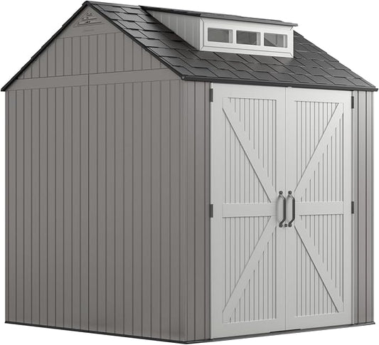 Rubbermaid Resin Outdoor Storage Shed With Floor (7 x 7 Ft) Weather Resistant Gray Organization for Home/Backyard/Garden Tools/Lawn Mower/Bike Storage/Pool Supplies Rubbermaid