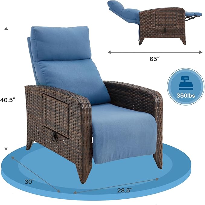 Upgraded Outdoor Recliner Chair, Reclining Patio Chairs with Adjustable Back up to 150°Lay Flat and Extended Footrest, Wicker Recliner Chairs with Flip Table and Removable Olefin Cushion zzw