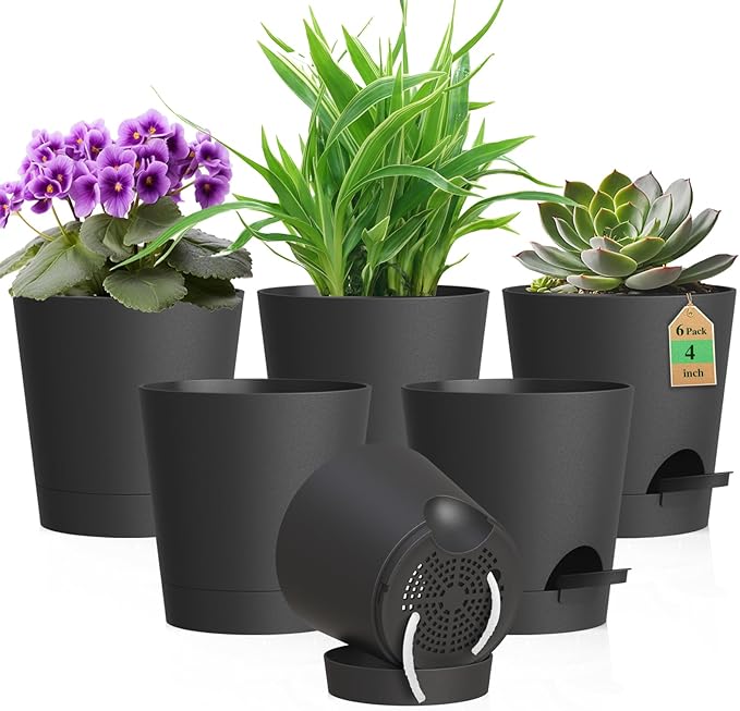 4 inch Self Watering Pots for Indoor Outdoor Plants, 6 Pack Plastic Flower Planters with Drainage Holes and Removable Saucers, Plant Pots with Wicking Rope, Modern Decor, Black WSMKSZ