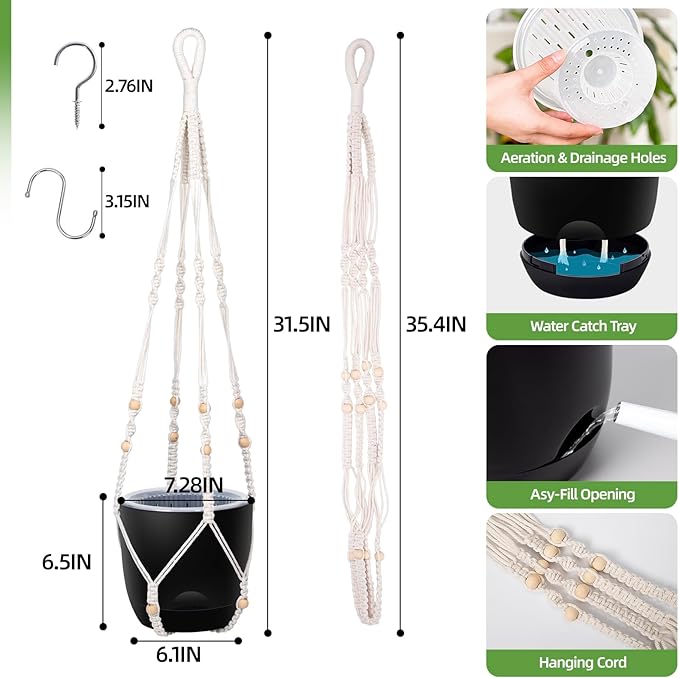2-Pack 7.1-Inch Self-Watering Hanging Planters for Indoor & Outdoor Plants,34Inch Macrame Hanger Plant Pots Indoor with Drainage,Small Hanging Planters & Baskets,With Two Sets of Hooks（Pure black） QCQHDU