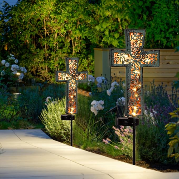 Solar Cross Garden Stake Lights 38inch Outdoor Waterproof Memorial Garden Decor 2 Lighting Modes Cemetery Decorations for Grave for Remembrance Gifts & Sympathy Gifts (Blue Cross) HUYIENO