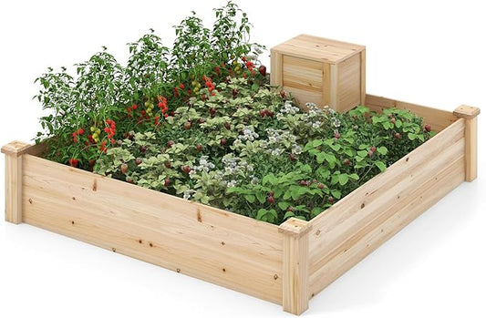 Giantex Raised Garden Bed, 49"x49"x10" Wood Planter Box Kit w/Compost Bin & Open-Ended Bottom for Vegetables, Flowers, Herbs, Fruits, Elevated Square Planting Bed for Patio, Backyard, Garden Giantex