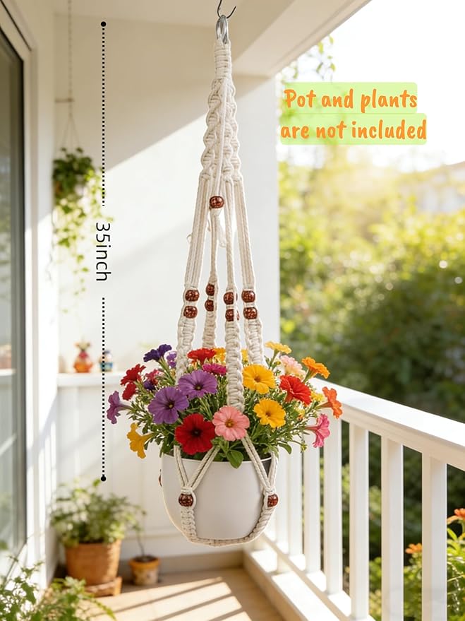 35 inch Macrame Plant Hanger for 5-10 Pot Indoor wall Window Boho Long Crochet White Rope Hanging Planters for Plant Holder Outdoor (Ivory2) HUIHONGHOME