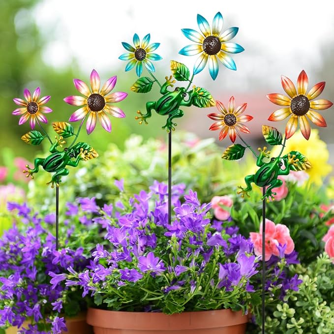 3 Pack Frog＆Flowers Garden Stakes Decor,Metal Yard Art Decorative Garden Stakes,Metal Flowers Spring Outdoor Decor for Mom,Women,Grandma SATHGA