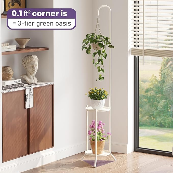 2-Tier Metal Plant Stand with Hanging Hook, Indoor Outdoor Plant Shelf,Heavy Duty Plant holder Rustproof Iron Multiple Plant Round Supports Rack for Planter Corner Garden Balcony Patio (Cream) Rootora