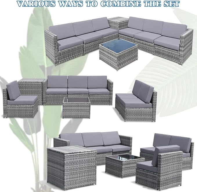 Tangkula 8 PCS Outdoor Patio Furniture Set, Rattan Wicker Sofa Set, Sectional Sofa Couch Conversation Set w/Storage Table and 12 Zippered Cushions for Garden Backyard Poolside (Grey) TANGKULA
