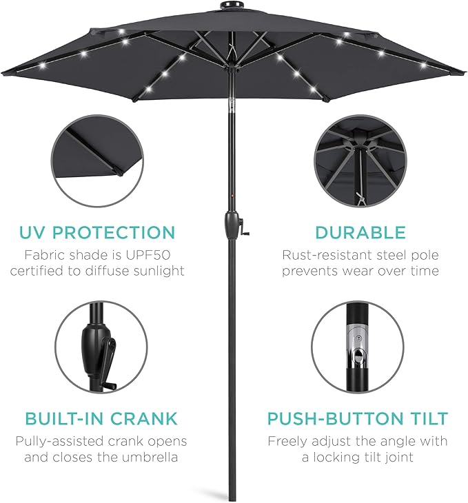 Best Choice Products 7.5ft Outdoor Solar Market Table Patio Umbrella for Deck, Pool w/Tilt, Crank, LED Lights - Gray BestChoiceProducts