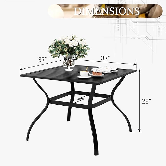 PHI VILLA 37" Patio Table for 4, Metal Outdoor Dining Table with E-Coating, Square Steel Slated Outdoor Table with 1.57" Umbrella Hole for Garden Backyard, Black PHIVILLAThepioneerofcomfortablehouseholdsupplies